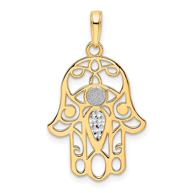 14k Yellow & Rhodium Gold & White Rhodium D/C Evil Eye Hamsa Pendant