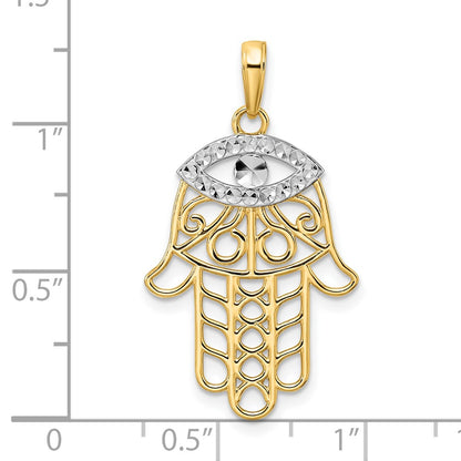 14k Yellow & Rhodium Gold & White Rhodium D/C Evil Eye Hamsa Pendant