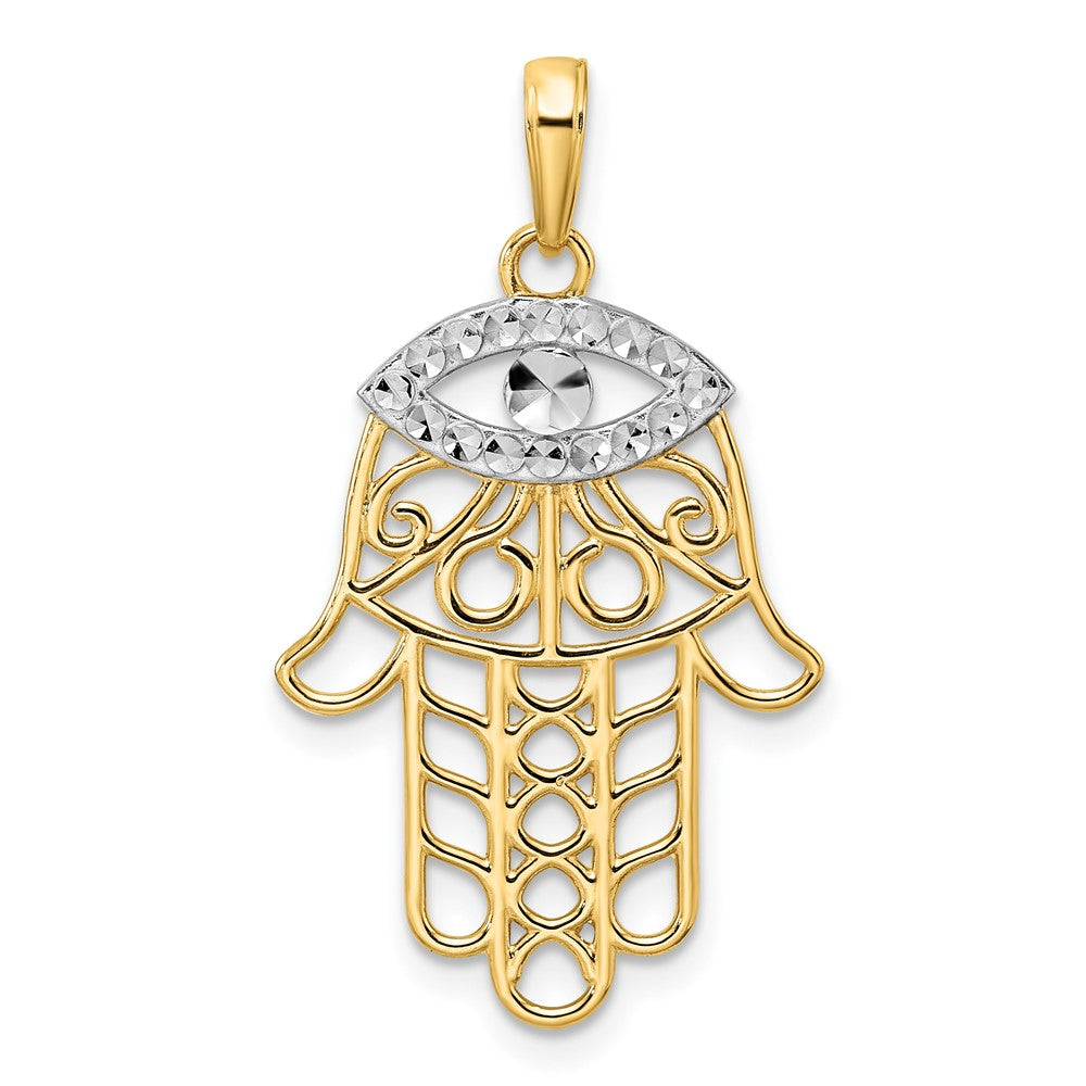 14k Yellow & Rhodium Gold & White Rhodium D/C Evil Eye Hamsa Pendant