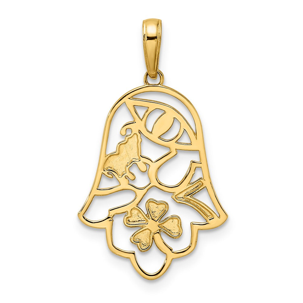 14k Yellow & Rhodium Gold & White Rhodium D/C Good Luck Symbols on Hamsa Pendant