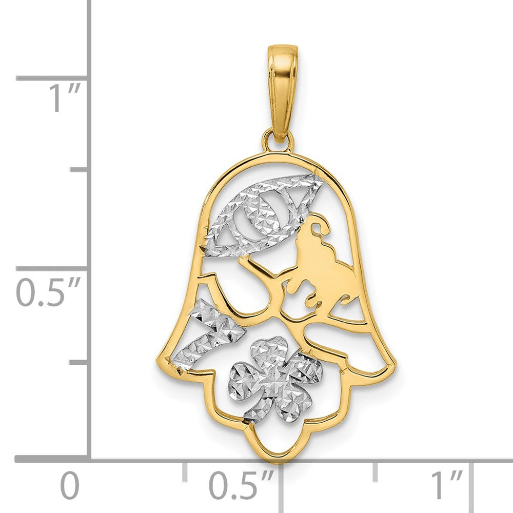 14k Yellow & Rhodium Gold & White Rhodium D/C Good Luck Symbols on Hamsa Pendant