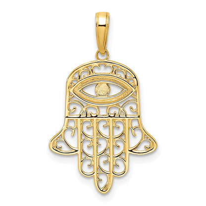 14k Yellow & Rhodium Gold & White Rhodium D/C Filigree Evil Eye Hamsa Pendant
