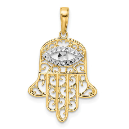 14k Yellow & Rhodium Gold & White Rhodium D/C Filigree Evil Eye Hamsa Pendant