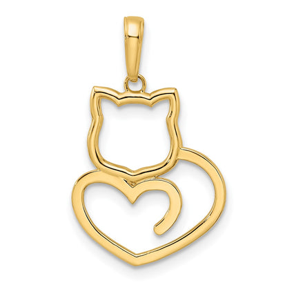 14k Yellow & Rhodium Gold and White Rhodium Diamond-cut Cat Heart Pendant