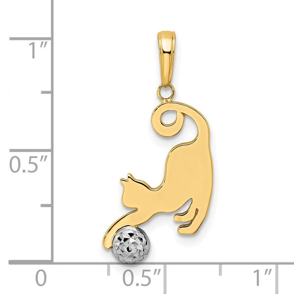 14k Yellow & Rhodium Gold and White Rhodium Diamond-cut Cat and Ball Pendant