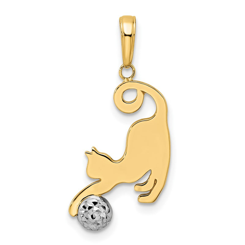 14k Yellow & Rhodium Gold and White Rhodium Diamond-cut Cat and Ball Pendant
