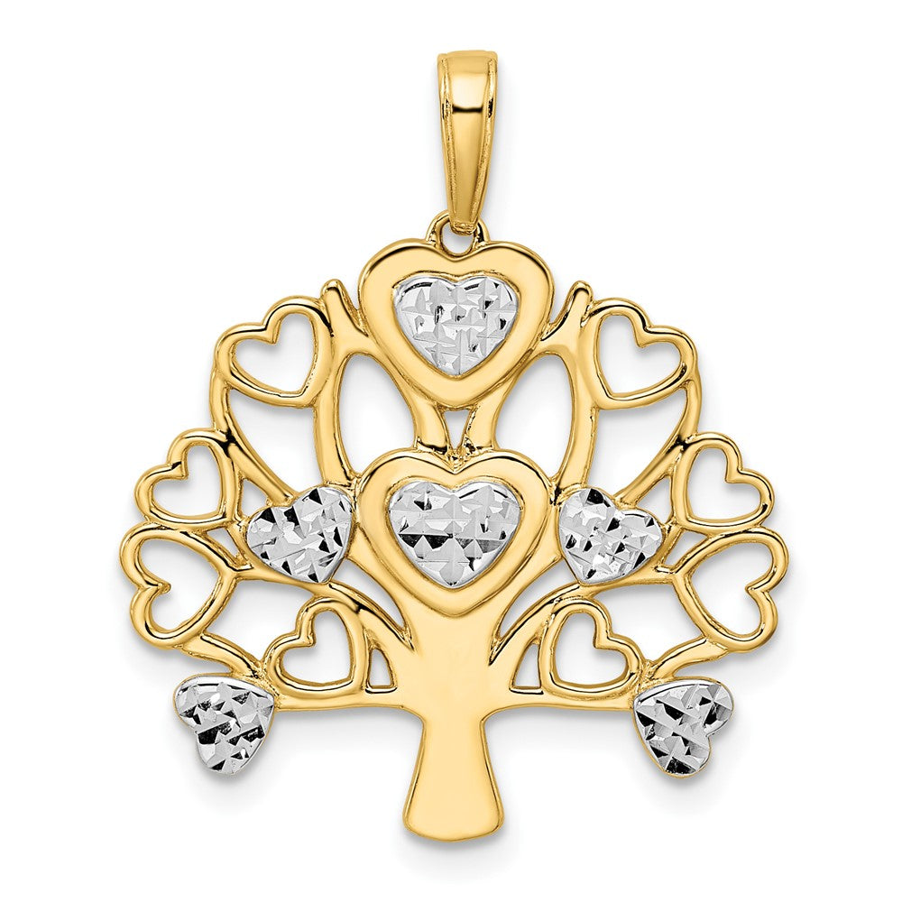 14k Yellow & Rhodium Gold and White Rhodium Diamond-cut Heart Tree of Life Pendant