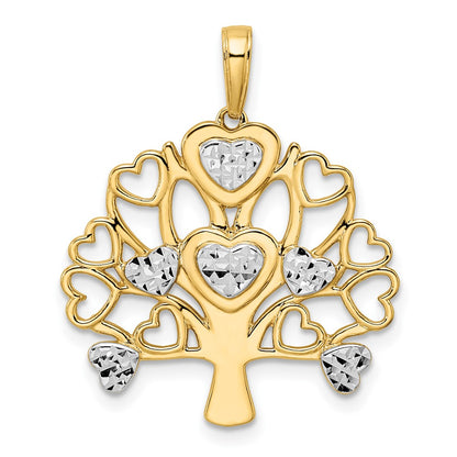 14k Yellow & Rhodium Gold and White Rhodium Diamond-cut Heart Tree of Life Pendant