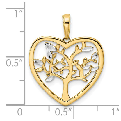 14k Yellow & Rhodium Gold and White Rhodium Diamond-cut Tree of Life Heart Pendant