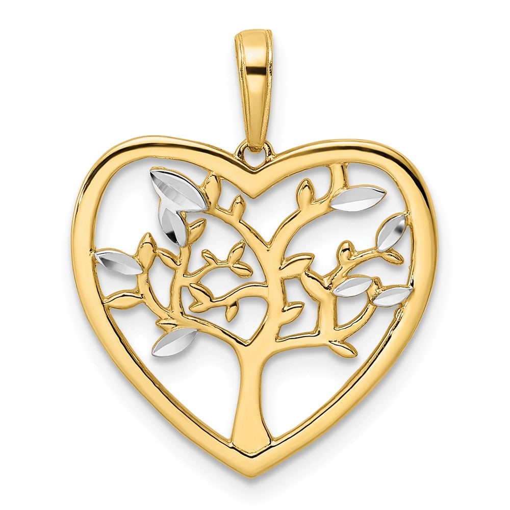 14k Yellow & Rhodium Gold and White Rhodium Diamond-cut Tree of Life Heart Pendant