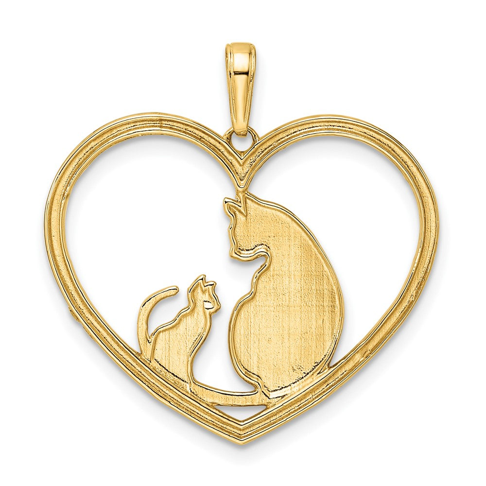 14k Yellow & Rhodium Gold and White Rhodium Diamond-cut Cat and Kitten in Heart Pendant