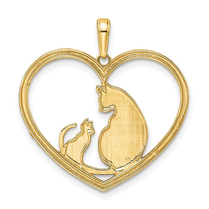 14k Yellow & Rhodium Gold and White Rhodium Diamond-cut Cat and Kitten in Heart Pendant