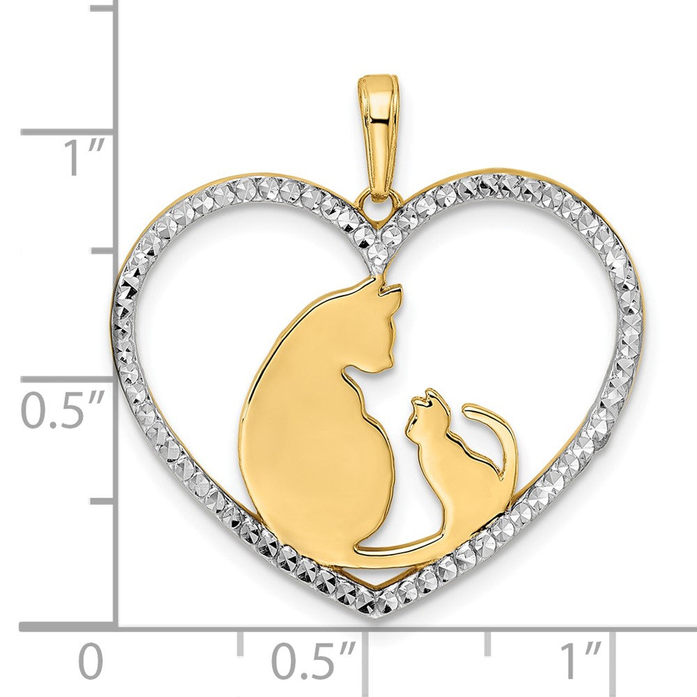 14k Yellow & Rhodium Gold and White Rhodium Diamond-cut Cat and Kitten in Heart Pendant
