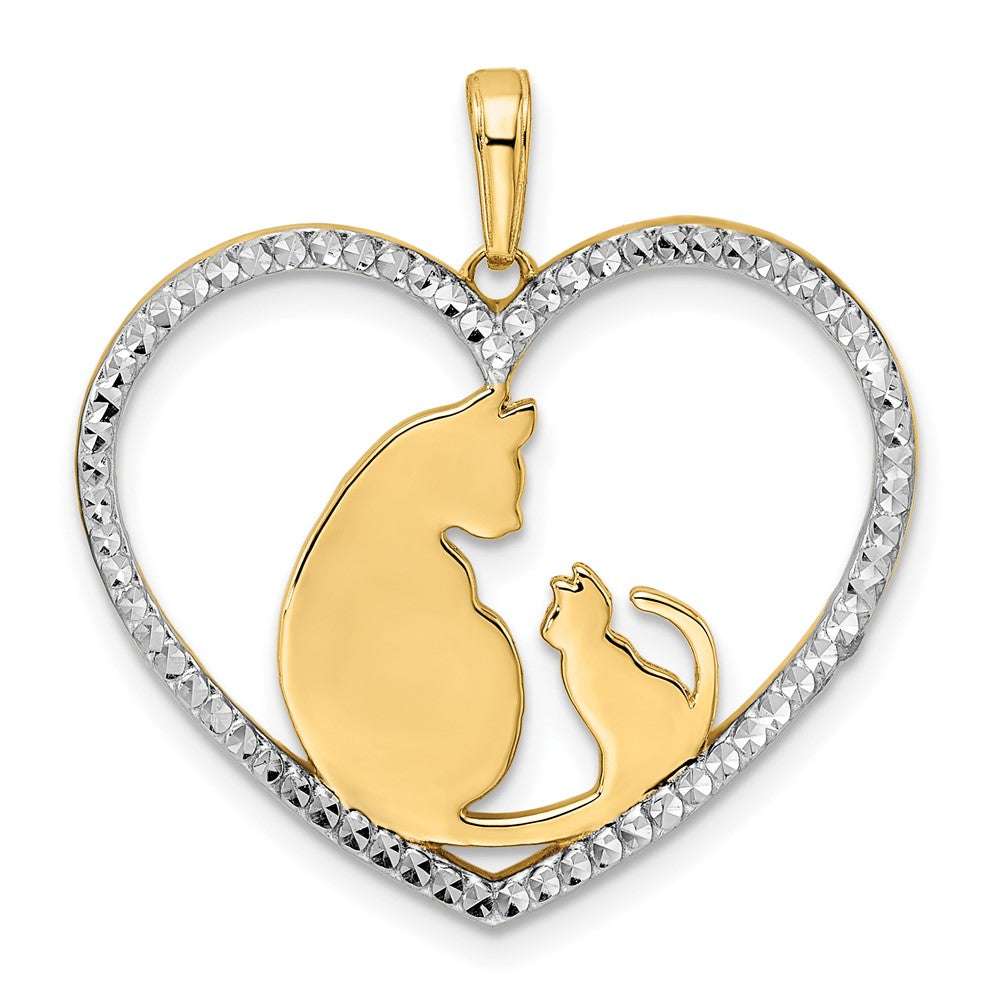 14k Yellow & Rhodium Gold and White Rhodium Diamond-cut Cat and Kitten in Heart Pendant