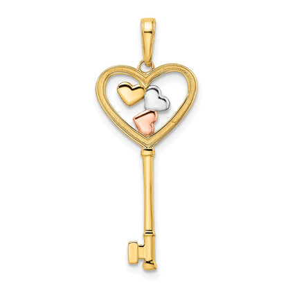 14k Yellow & Rhodium Gold w/White and Rose Rhodium Diamond-cut Hearts Key Pendant