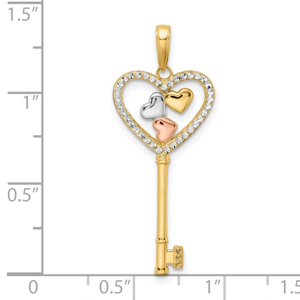 14k Yellow & Rhodium Gold w/White and Rose Rhodium Diamond-cut Hearts Key Pendant