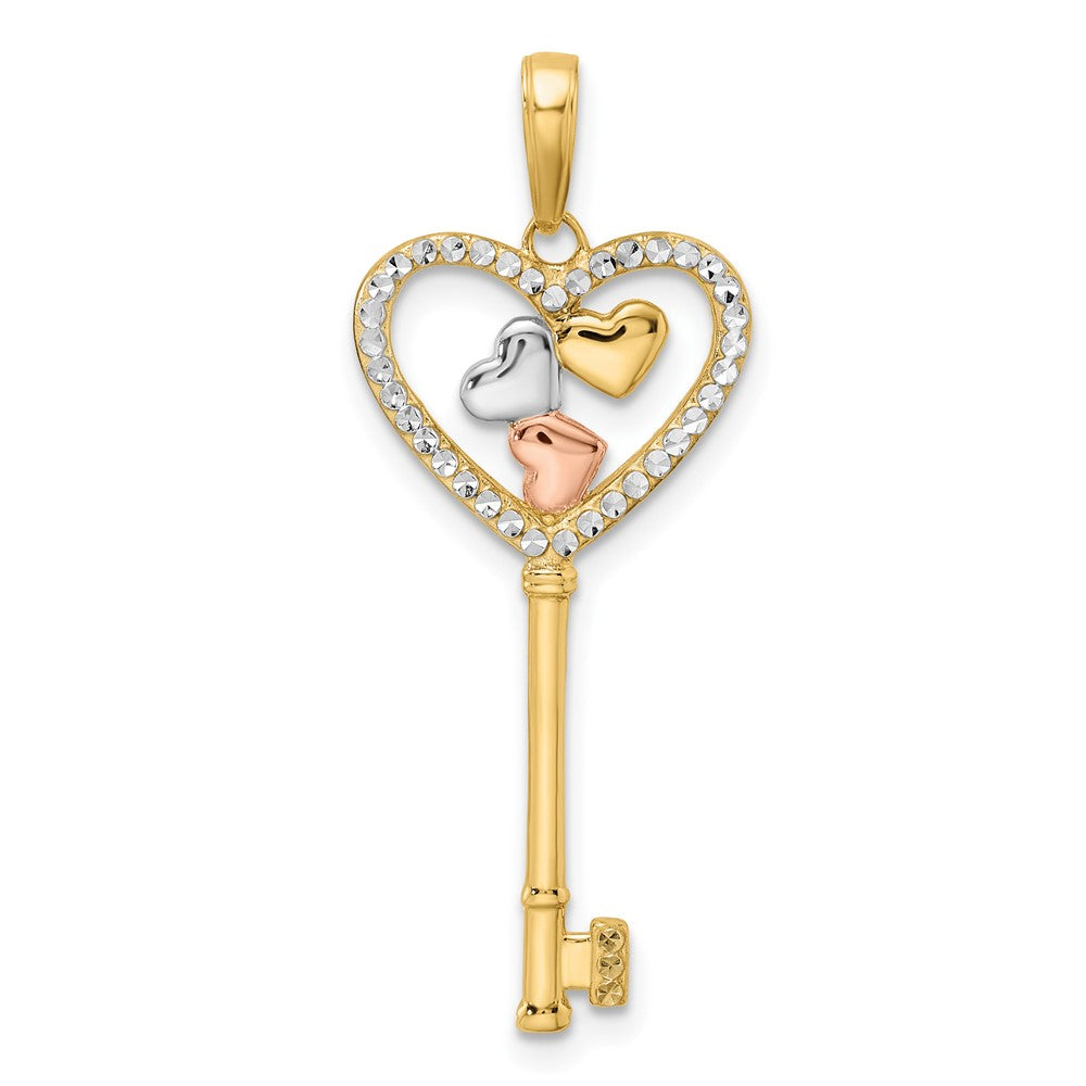 14k Yellow & Rhodium Gold w/White and Rose Rhodium Diamond-cut Hearts Key Pendant