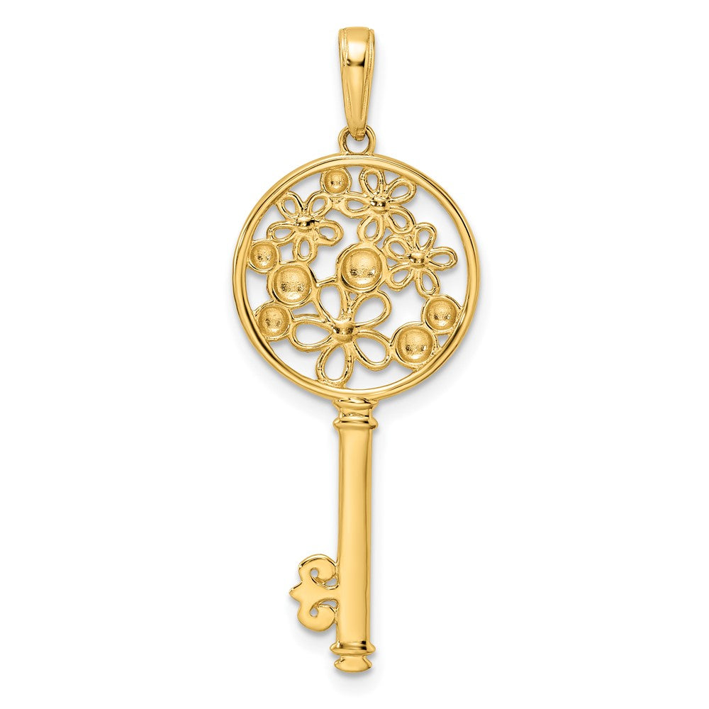 14k Yellow & Rhodium Gold and White Rhodium Flowers Key Pendant