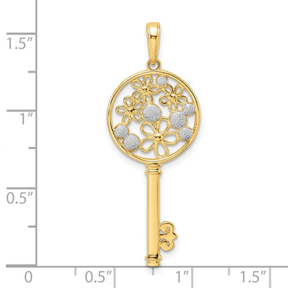 14k Yellow & Rhodium Gold and White Rhodium Flowers Key Pendant