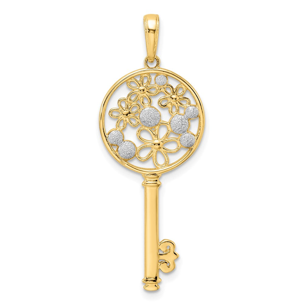 14k Yellow & Rhodium Gold and White Rhodium Flowers Key Pendant