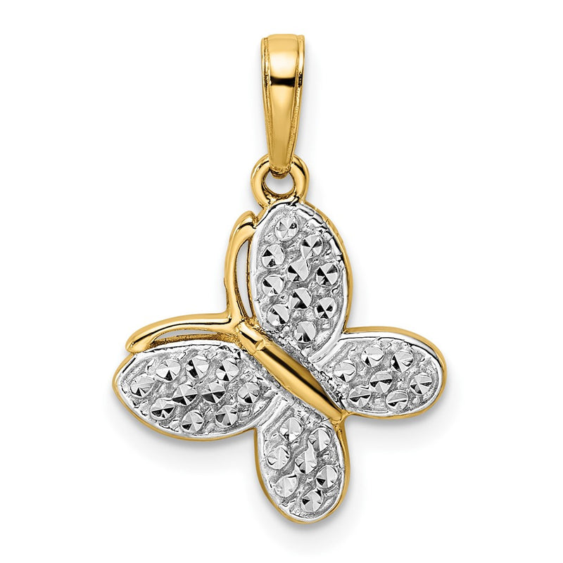 14k Yellow & Rhodium Gold and White Rhodium Diamond-cut Fancy Butterfly Pendant
