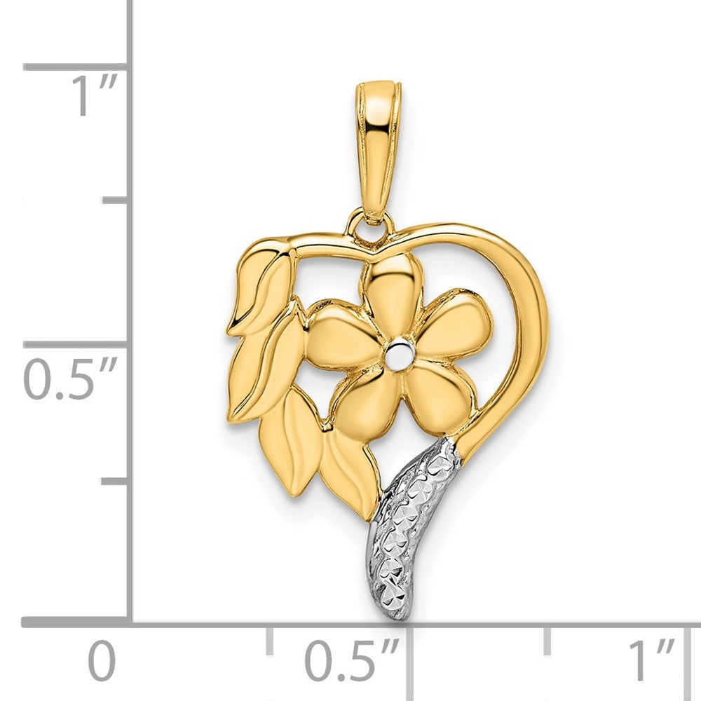 14k Yellow & Rhodium Gold and White Rhodium Diamond-cut Floral Heart Pendant