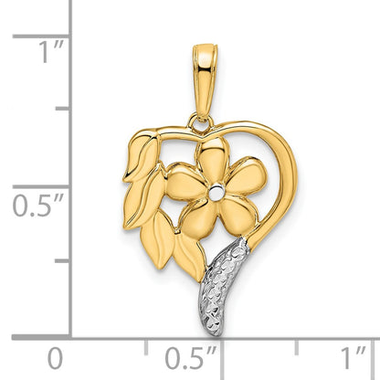 14k Yellow & Rhodium Gold and White Rhodium Diamond-cut Floral Heart Pendant