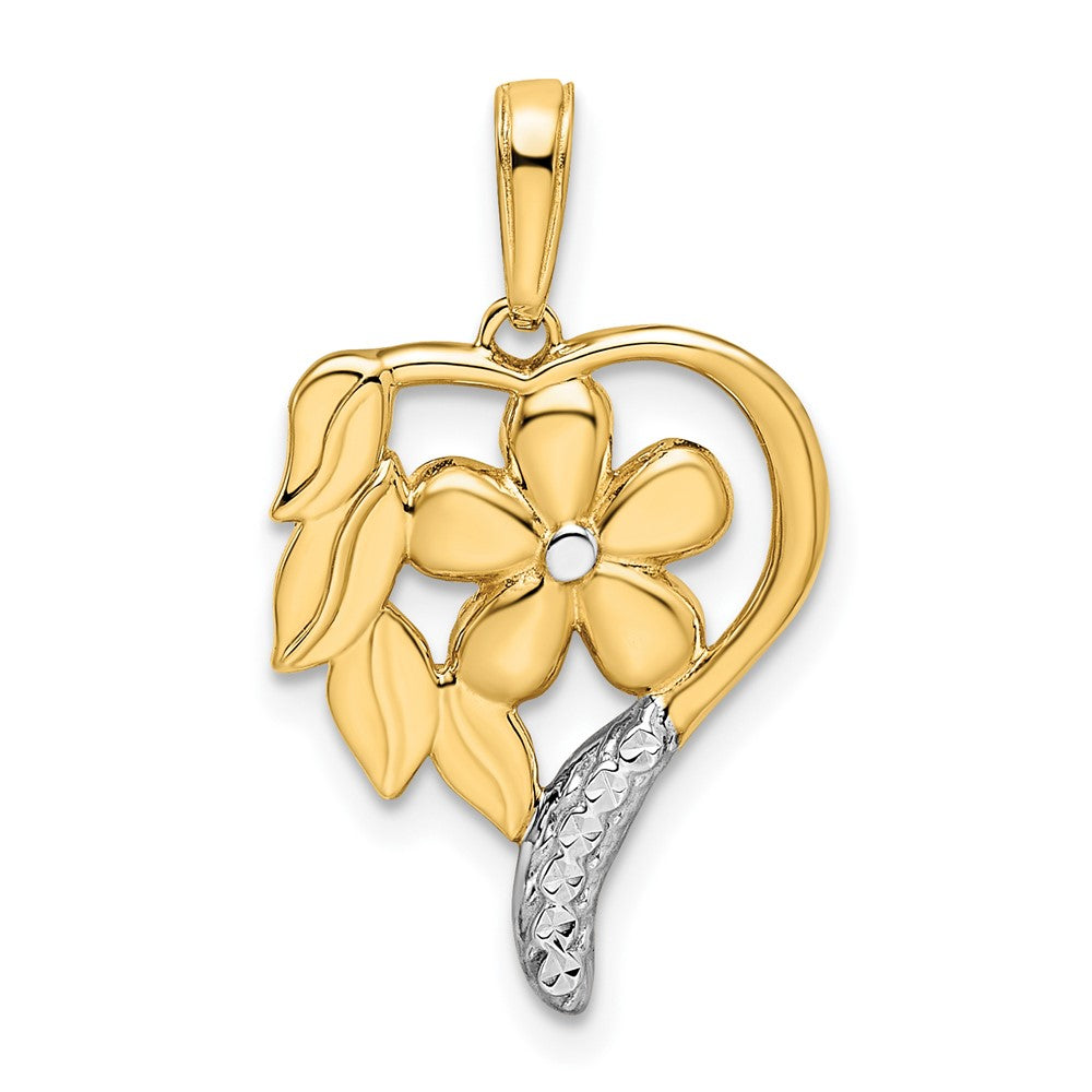 14k Yellow & Rhodium Gold and White Rhodium Diamond-cut Floral Heart Pendant