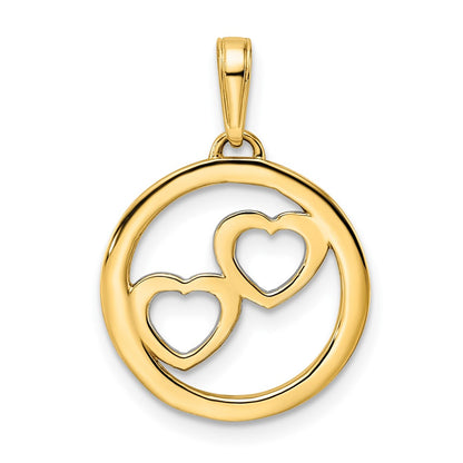 14k Yellow & Rhodium Gold and White Rhodium Diamond-cut Hearts in Circle Pendant