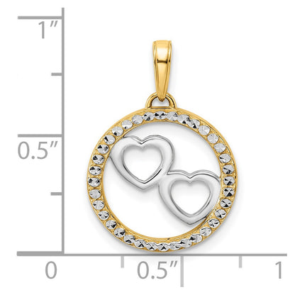 14k Yellow & Rhodium Gold and White Rhodium Diamond-cut Hearts in Circle Pendant