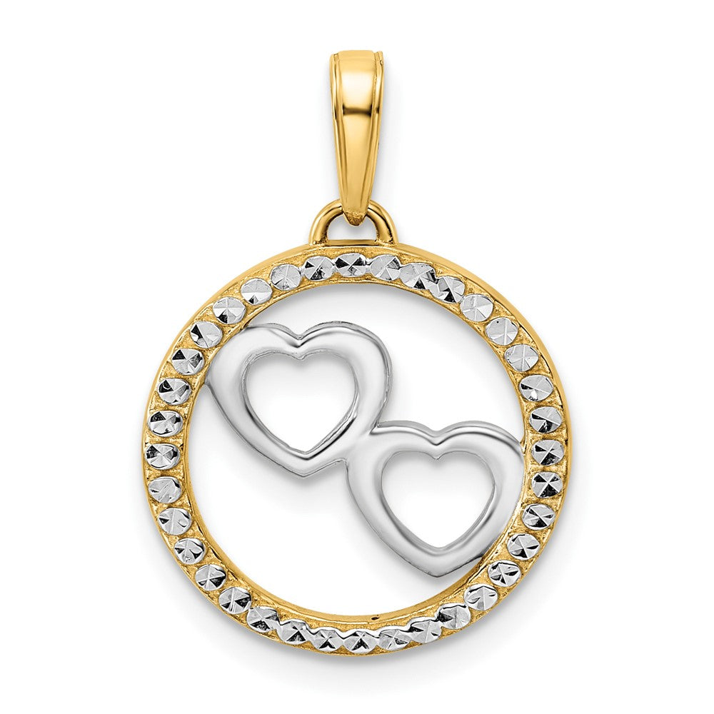14k Yellow & Rhodium Gold and White Rhodium Diamond-cut Hearts in Circle Pendant