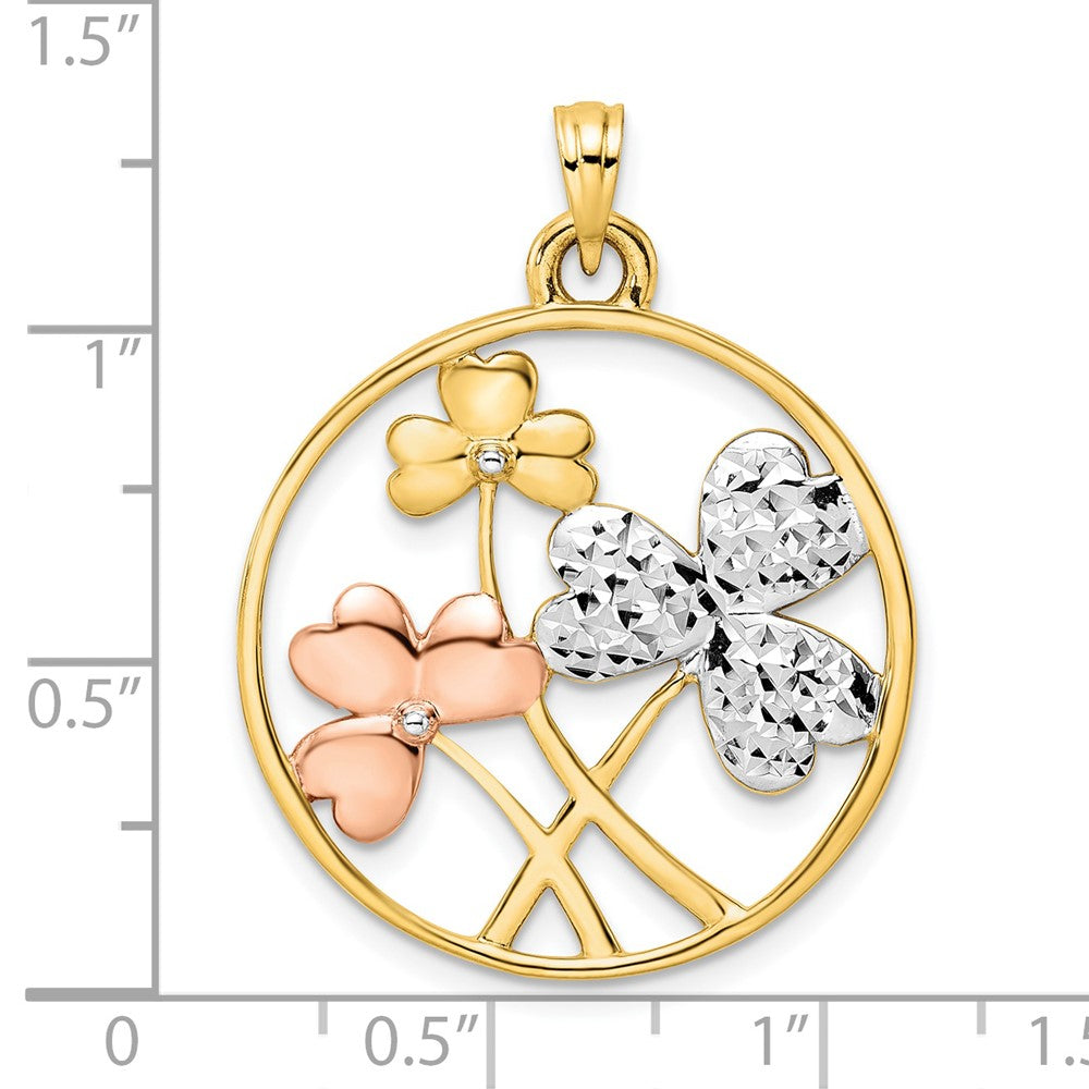 14k Yellow & Rhodium Gold With White and Rose Rhodium D/C Clovers Circle Pendant