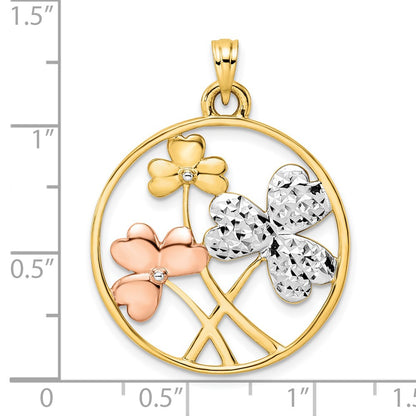 14k Yellow & Rhodium Gold With White and Rose Rhodium D/C Clovers Circle Pendant