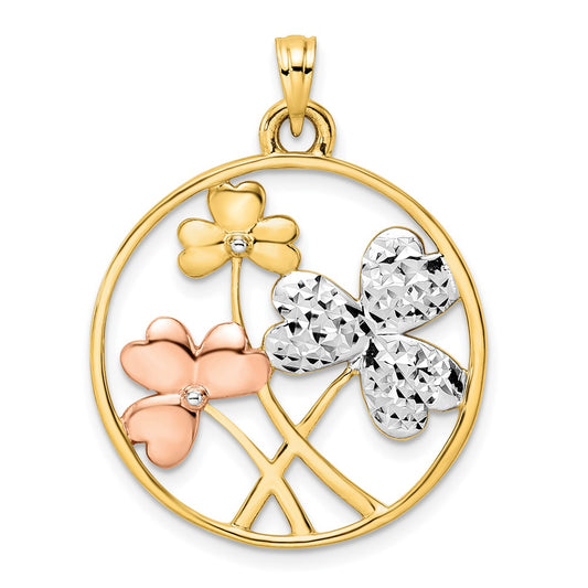 14k Yellow & Rhodium Gold With White and Rose Rhodium D/C Clovers Circle Pendant