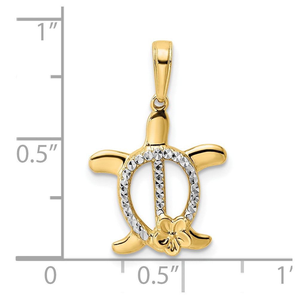 14k Yellow & Rhodium Gold and White Rhodium Diamond-cut Turtle w/ Flower Pendant