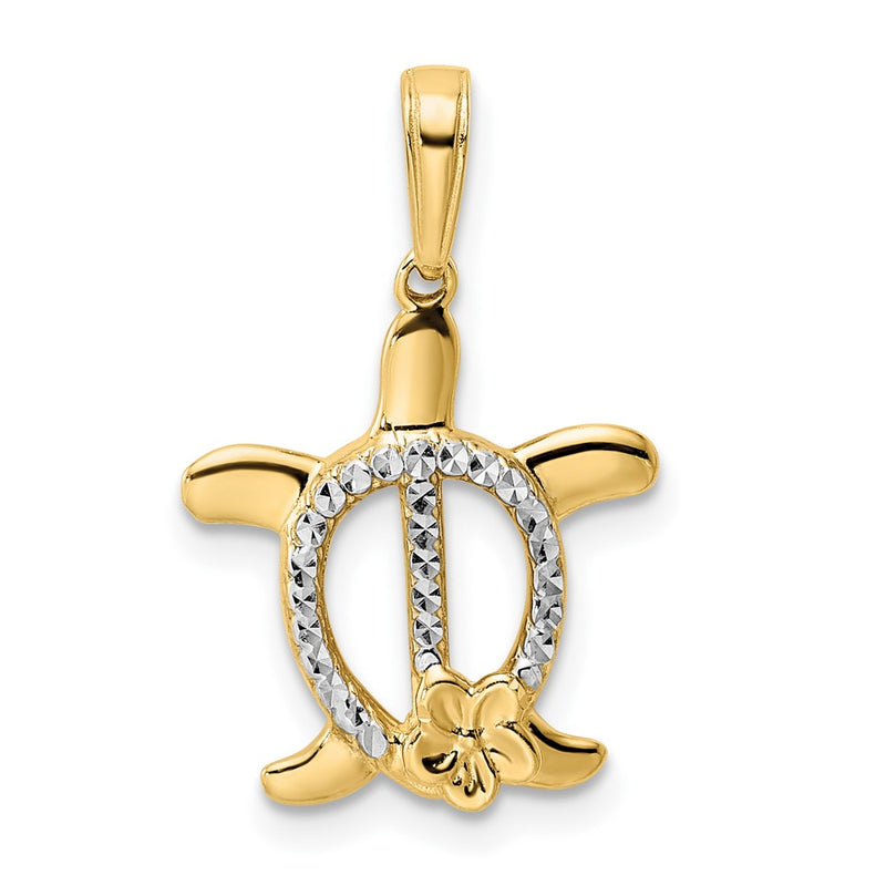 14k Yellow & Rhodium Gold and White Rhodium Diamond-cut Turtle w/ Flower Pendant