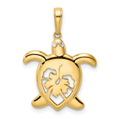 14k Yellow & Rhodium Gold and White Rhodium Diamond-cut Floral Turtle Pendant
