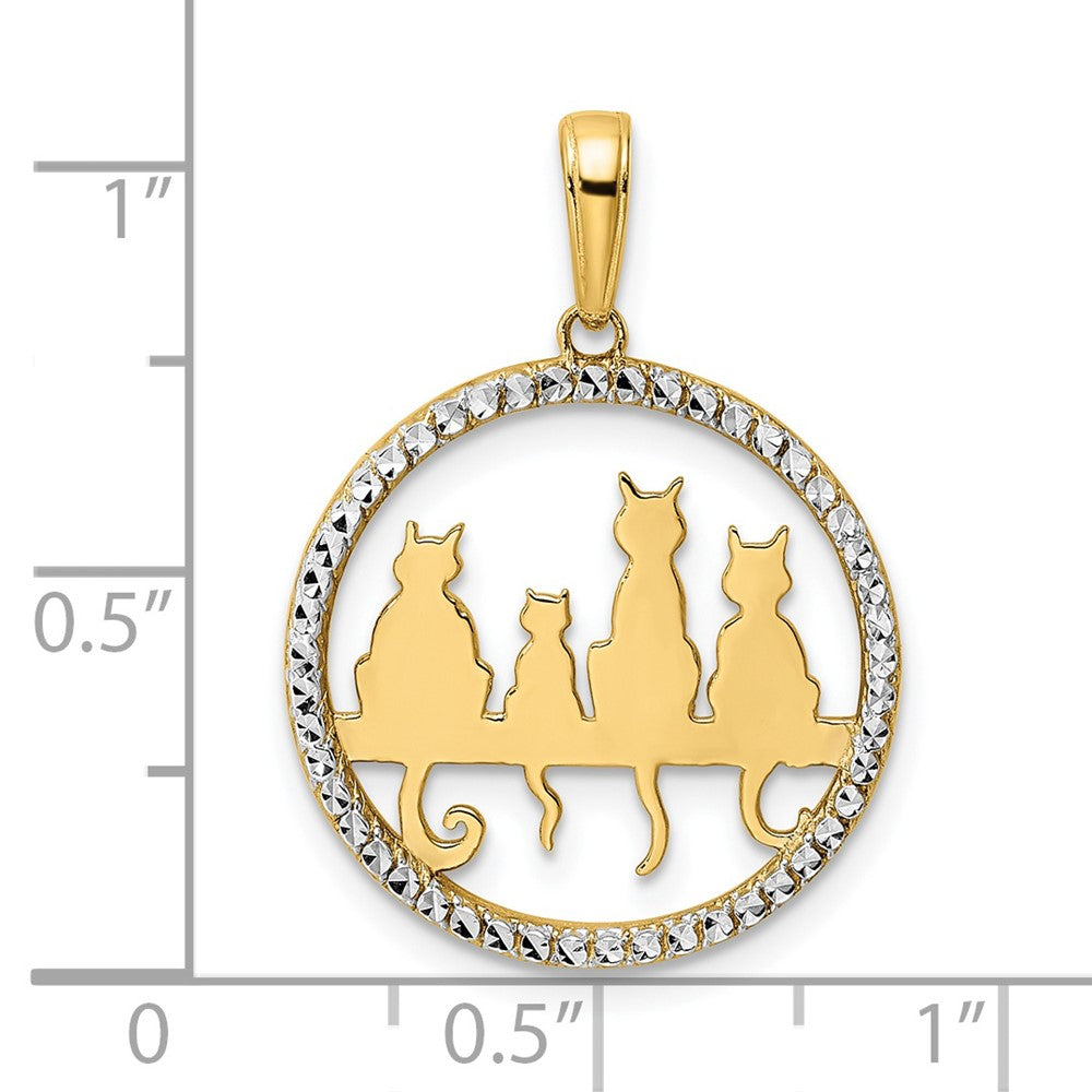 14k Yellow & Rhodium Gold and White Rhodium Diamond-cut Cats Sitting on Bench Pendant
