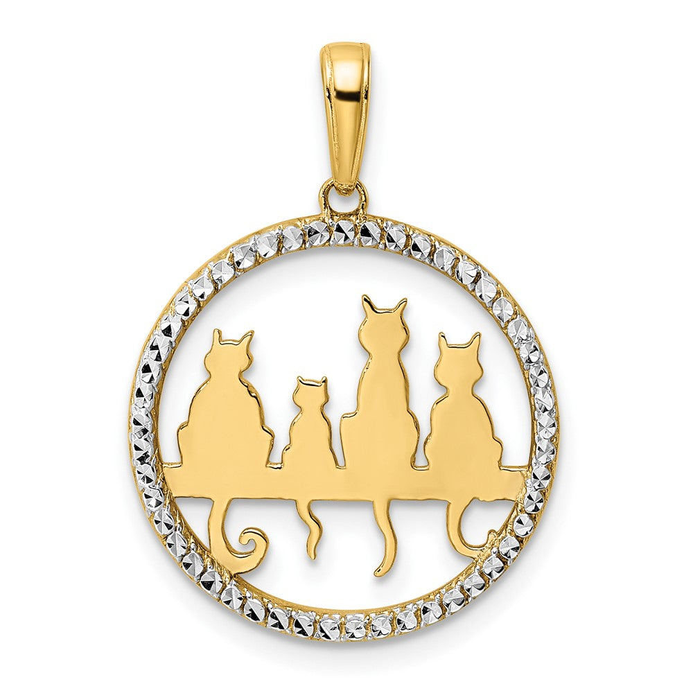 14k Yellow & Rhodium Gold and White Rhodium Diamond-cut Cats Sitting on Bench Pendant