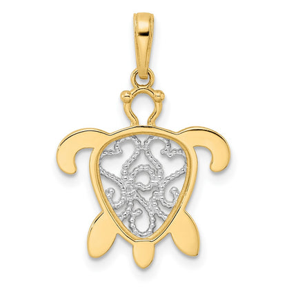 14k Yellow & Rhodium Gold and White Rhodium Diamond-cut Filigree Turtle Pendant