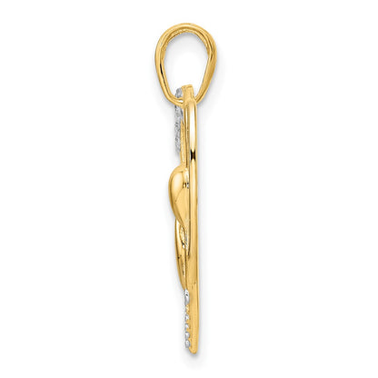 14k Yellow & Rhodium Gold and White Rhodium Diamond-cut Cat Stretching in Heart Pendant