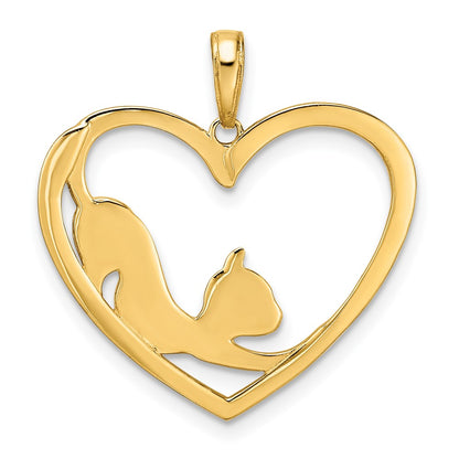 14k Yellow & Rhodium Gold and White Rhodium Diamond-cut Cat Stretching in Heart Pendant