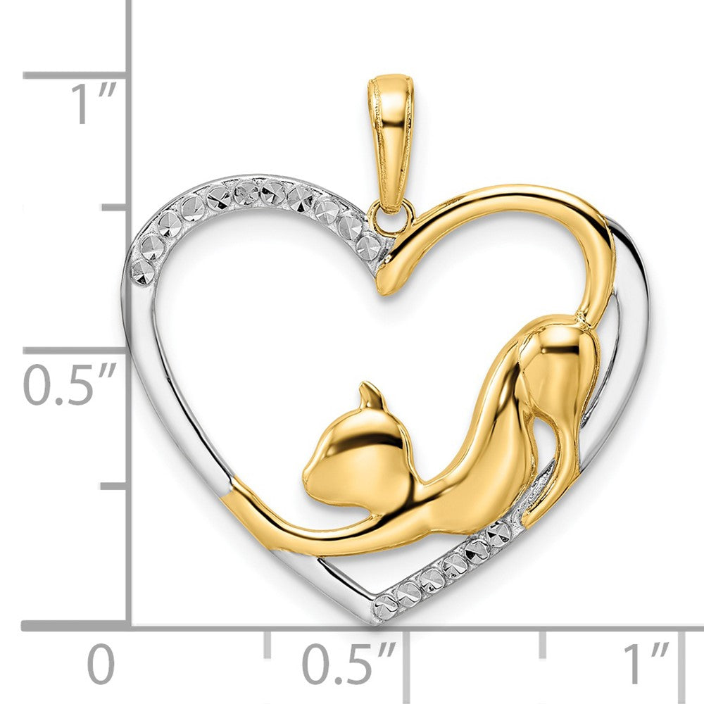 14k Yellow & Rhodium Gold and White Rhodium Diamond-cut Cat Stretching in Heart Pendant