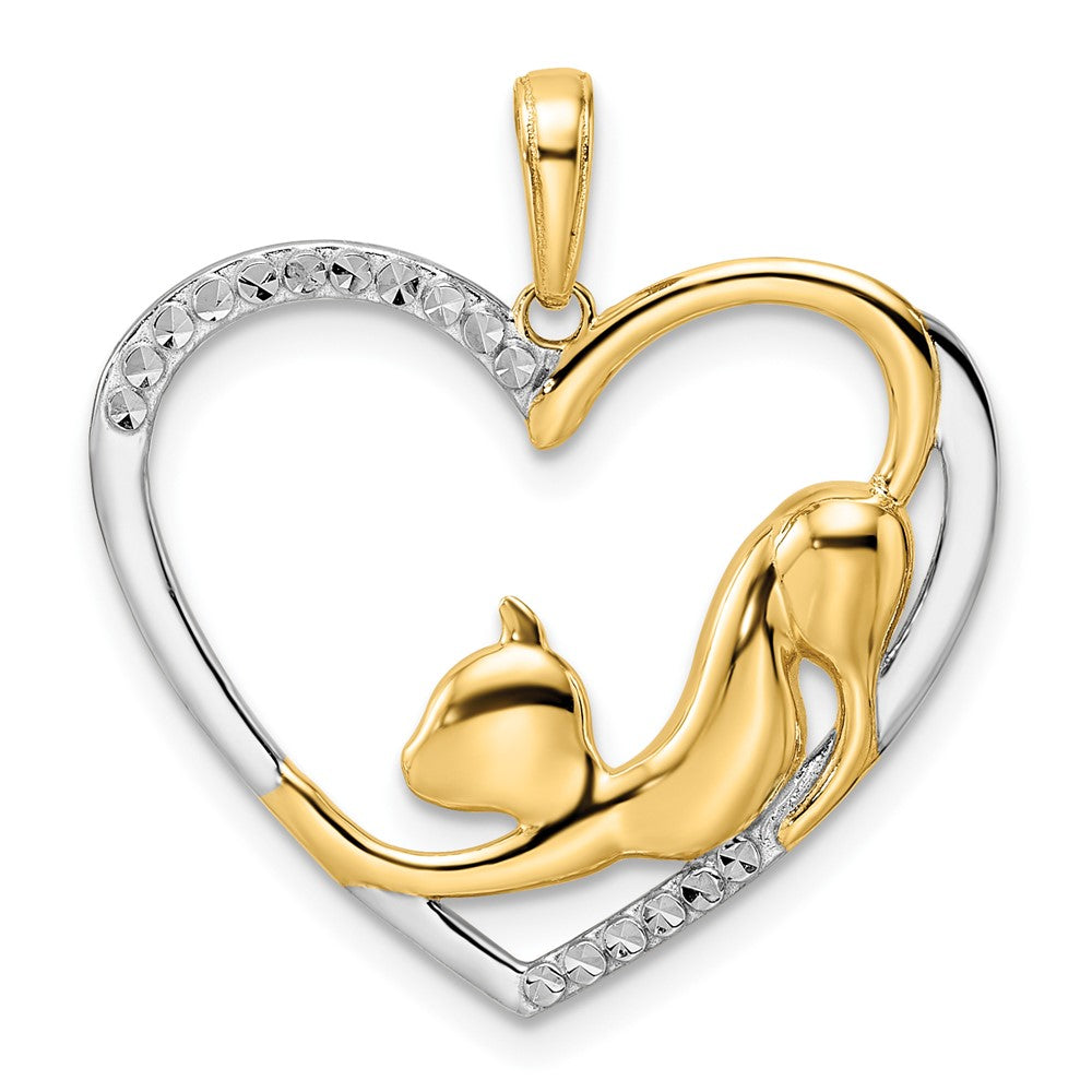 14k Yellow & Rhodium Gold and White Rhodium Diamond-cut Cat Stretching in Heart Pendant