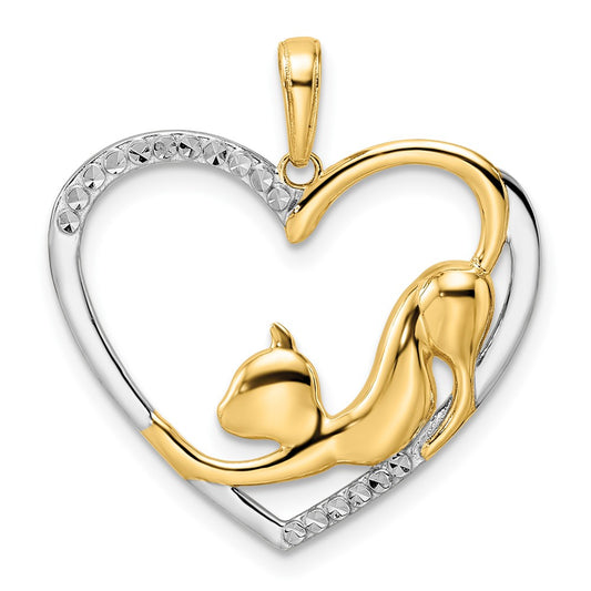 14k Yellow & Rhodium Gold and White Rhodium Diamond-cut Cat Stretching in Heart Pendant