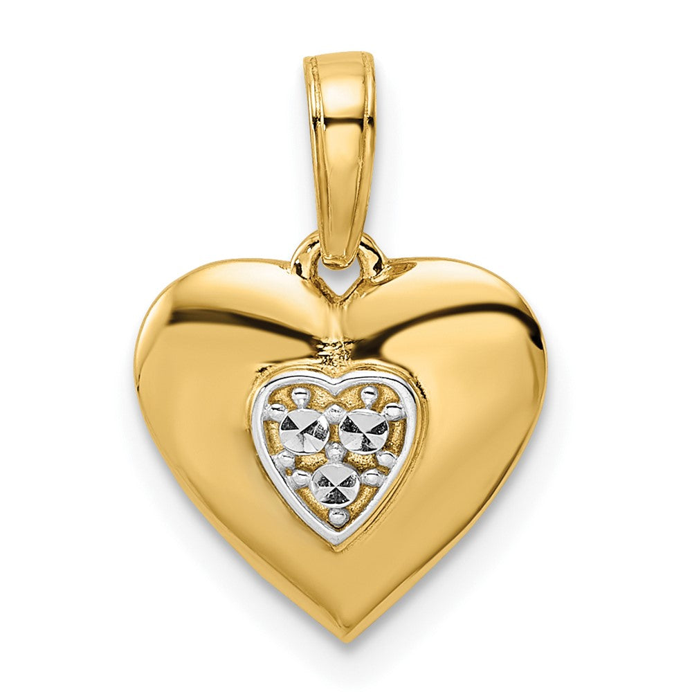 14k Yellow & Rhodium Gold and White Rhodium D/iamond-cut Puffy Heart Pendant
