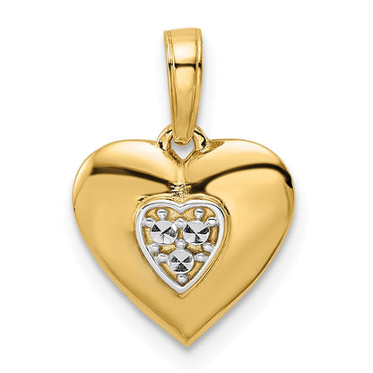 14k Yellow & Rhodium Gold and White Rhodium D/iamond-cut Puffy Heart Pendant