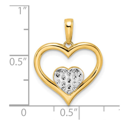 14k Yellow & Rhodium Gold and White Rhodium Diamond-cut Heart Inside Heart Pendant