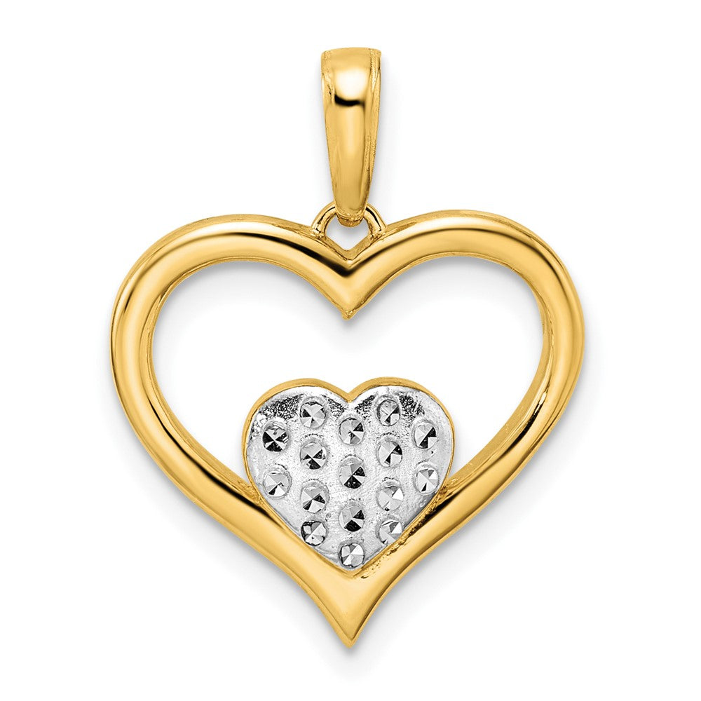 14k Yellow & Rhodium Gold and White Rhodium Diamond-cut Heart Inside Heart Pendant