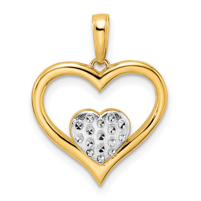 14k Yellow & Rhodium Gold and White Rhodium Diamond-cut Heart Inside Heart Pendant